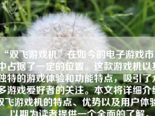 “双飞游戏机”在如今的电子游戏市场中占据了一定的位置。这款游戏机以其独特的游戏体验和功能特点，吸引了众多游戏爱好者的关注。本文将详细介绍双飞游戏机的特点、优势以及用户体验，以期为读者提供一个全面的了解。