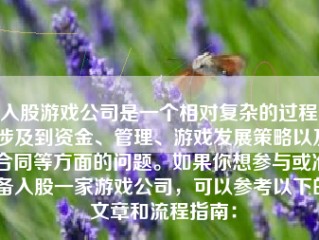 入股游戏公司是一个相对复杂的过程，涉及到资金、管理、游戏发展策略以及合同等方面的问题。如果你想参与或准备入股一家游戏公司，可以参考以下的文章和流程指南：