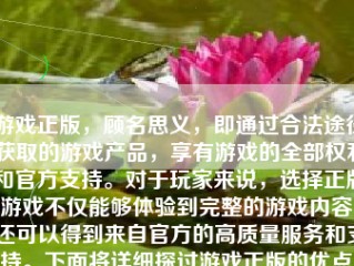 游戏正版，顾名思义，即通过合法途径获取的游戏产品，享有游戏的全部权利和官方支持。对于玩家来说，选择正版游戏不仅能够体验到完整的游戏内容，还可以得到来自官方的高质量服务和支持。下面将详细探讨游戏正版的优点、使用正版游戏的好处以及正版游戏的获取途径和如何选择。