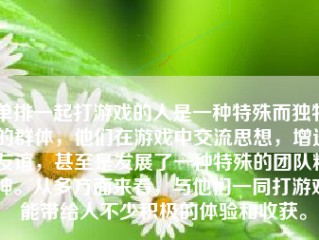 单排一起打游戏的人是一种特殊而独特的群体，他们在游戏中交流思想，增进友谊，甚至是发展了一种特殊的团队精神。从多方面来看，与他们一同打游戏能带给人不少积极的体验和收获。