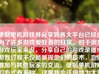 录制单机游戏并分享到各大平台已经成为了许多游戏爱好者的日常。对于很多游戏玩家来说，分享自己的游戏录播或游戏过程不仅能展现他们的技术，也能增加与其他玩家的交流。录制单机游戏的方式有多种，这里我会详细地为大家介绍一下。