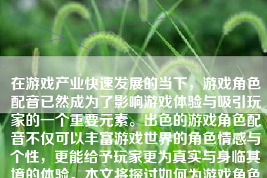 在游戏产业快速发展的当下，游戏角色配音已然成为了影响游戏体验与吸引玩家的一个重要元素。出色的游戏角色配音不仅可以丰富游戏世界的角色情感与个性，更能给予玩家更为真实与身临其境的体验。本文将探讨如何为游戏角色配音，才能使其效果达到更佳。