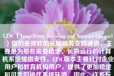 LTSC（Long-Term Servicing and Support Channel）指的是微软的长期服务支持通道，主要是为那些需要稳定、长期运行的计算机系统提供支持。LTSC版本主要针对企业用户和教育机构用户，提供了更加稳定和可靠的操作系统环境。因此，许多玩家可能会考虑使用LTSC版本的Windows系统来玩游戏。那么，LTSC玩游戏怎么样呢？下面将详细分析。