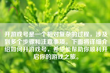 开游戏号是一个相对复杂的过程，涉及到多个步骤和注意事项。下面将详细介绍如何开游戏号，希望能帮助你顺利开启你的游戏之旅。