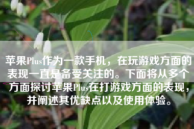 苹果Plus作为一款手机，在玩游戏方面的表现一直是备受关注的。下面将从多个方面探讨苹果Plus在打游戏方面的表现，并阐述其优缺点以及使用体验。