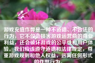 游戏充值作弊是一种不道德、不合法的行为，它不仅会损害游戏运营商的商业利益，还会破坏游戏的公平性和用户体验。我们应该遵守道德和法律规定，尊重游戏规则和他人权益，远离任何形式的作弊行为。