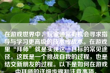 在游戏世界中，玩家通常有机会寻求指导与学习更高级的技术或战术。在游戏里“拜师”就是实现这一目标的常见途径。这既是一个挑战自我的过程，也是结交新朋友的过程。以下是如何在游戏中拜师的详细步骤和注意事项。