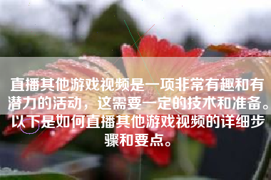 直播其他游戏视频是一项非常有趣和有潜力的活动，这需要一定的技术和准备。以下是如何直播其他游戏视频的详细步骤和要点。