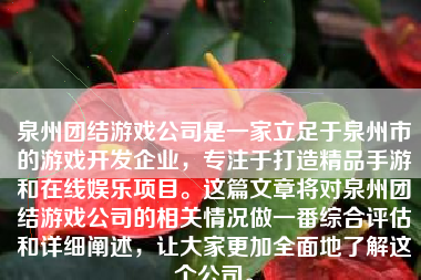 泉州团结游戏公司是一家立足于泉州市的游戏开发企业，专注于打造精品手游和在线娱乐项目。这篇文章将对泉州团结游戏公司的相关情况做一番综合评估和详细阐述，让大家更加全面地了解这个公司。