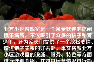 北方小区游戏室是一个备受欢迎的休闲娱乐场所，不仅吸引了众多的孩子和青少年，还为家长们提供了一个放松心情、增进亲子关系的好去处。本文将就北方小区游戏室的设施、服务、特色等方面进行详细介绍，并对其运营情况进行简述，同时对它的优点和不足进行分析，最后展望其未来的发展前景。