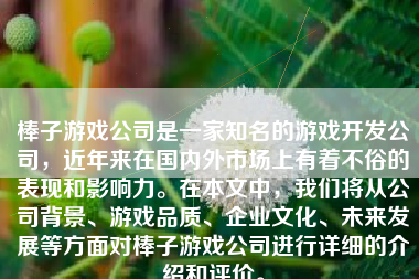 棒子游戏公司是一家知名的游戏开发公司，近年来在国内外市场上有着不俗的表现和影响力。在本文中，我们将从公司背景、游戏品质、企业文化、未来发展等方面对棒子游戏公司进行详细的介绍和评价。