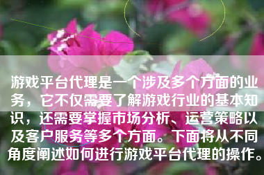 游戏平台代理是一个涉及多个方面的业务，它不仅需要了解游戏行业的基本知识，还需要掌握市场分析、运营策略以及客户服务等多个方面。下面将从不同角度阐述如何进行游戏平台代理的操作。