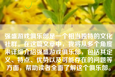 强盛游戏俱乐部是一个相当独特的文化社群。在这篇文章中，我将从多个角度来详细介绍强盛游戏俱乐部，包括其定义、特点、优势以及可能存在的问题等方面，帮助读者全面了解这个俱乐部。