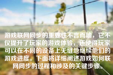 游戏联网同步的重要性不言而喻，它不仅提升了玩家的游戏体验，还使得玩家可以在不同的设备上无缝地继续他们的游戏进度。下面将详细阐述游戏如何联网同步的过程和涉及的关键步骤。