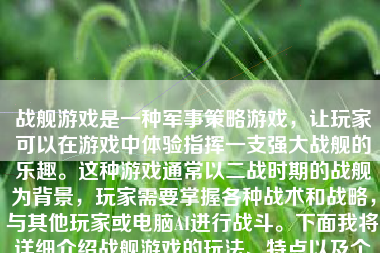 战舰游戏是一种军事策略游戏，让玩家可以在游戏中体验指挥一支强大战舰的乐趣。这种游戏通常以二战时期的战舰为背景，玩家需要掌握各种战术和战略，与其他玩家或电脑AI进行战斗。下面我将详细介绍战舰游戏的玩法、特点以及个人看法。