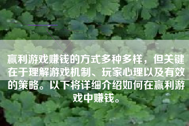 赢利游戏赚钱的方式多种多样，但关键在于理解游戏机制、玩家心理以及有效的策略。以下将详细介绍如何在赢利游戏中赚钱。