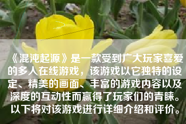 《混沌起源》是一款受到广大玩家喜爱的多人在线游戏，该游戏以它独特的设定、精美的画面、丰富的游戏内容以及深度的互动性而赢得了玩家们的青睐。以下将对该游戏进行详细介绍和评价。