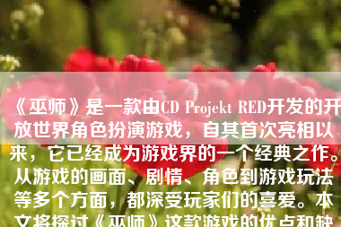 《巫师》是一款由CD Projekt RED开发的开放世界角色扮演游戏，自其首次亮相以来，它已经成为游戏界的一个经典之作。从游戏的画面、剧情、角色到游戏玩法等多个方面，都深受玩家们的喜爱。本文将探讨《巫师》这款游戏的优点和缺点，并分析其是否值得一试。