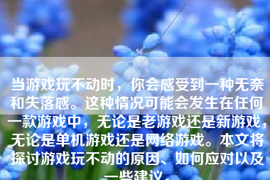 当游戏玩不动时，你会感受到一种无奈和失落感。这种情况可能会发生在任何一款游戏中，无论是老游戏还是新游戏，无论是单机游戏还是网络游戏。本文将探讨游戏玩不动的原因、如何应对以及一些建议。