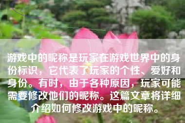 游戏中的昵称是玩家在游戏世界中的身份标识，它代表了玩家的个性、爱好和身份。有时，由于各种原因，玩家可能需要修改他们的昵称。这篇文章将详细介绍如何修改游戏中的昵称。