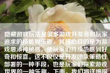 隐藏游戏玩法是很多游戏开发者和玩家追求的技能和乐趣，其核心目的是为游戏增添神秘感，使玩家们持续地感到好奇和惊喜。这不仅仅是开发团队策略性部署的一种手段，也是玩家们探索游戏世界的一种乐趣。下面，我们将详细探讨如何隐藏游戏玩法。