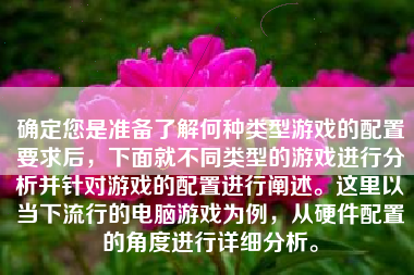 确定您是准备了解何种类型游戏的配置要求后，下面就不同类型的游戏进行分析并针对游戏的配置进行阐述。这里以当下流行的电脑游戏为例，从硬件配置的角度进行详细分析。