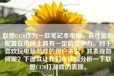 联想C470作为一款笔记本电脑，其性能和配置在市场上具有一定的竞争力。对于喜欢玩电脑游戏的用户来说，其表现如何呢？下面就让我们来详细分析一下联想C470打游戏的表现。