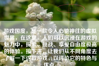 游戏国度，是一款令人心驰神往的虚拟世界，在这里，人们可以沉浸在游戏的魅力中，探索、挑战、享受自由度极高的体验。接下来，让我们从不同角度去了解一下这款游戏，以评价它的特色与优点。