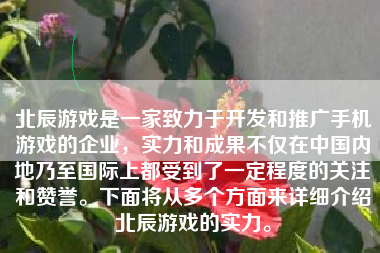 北辰游戏是一家致力于开发和推广手机游戏的企业，实力和成果不仅在中国内地乃至国际上都受到了一定程度的关注和赞誉。下面将从多个方面来详细介绍北辰游戏的实力。