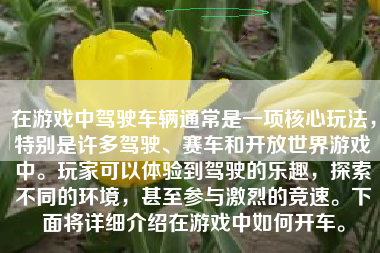 在游戏中驾驶车辆通常是一项核心玩法，特别是许多驾驶、赛车和开放世界游戏中。玩家可以体验到驾驶的乐趣，探索不同的环境，甚至参与激烈的竞速。下面将详细介绍在游戏中如何开车。