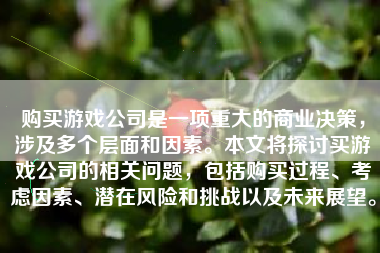 购买游戏公司是一项重大的商业决策，涉及多个层面和因素。本文将探讨买游戏公司的相关问题，包括购买过程、考虑因素、潜在风险和挑战以及未来展望。