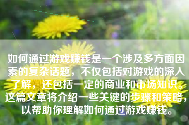 如何通过游戏赚钱是一个涉及多方面因素的复杂话题，不仅包括对游戏的深入了解，还包括一定的商业和市场知识。这篇文章将介绍一些关键的步骤和策略，以帮助你理解如何通过游戏赚钱。