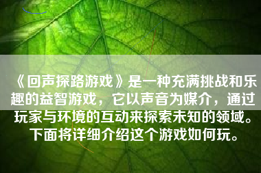 《回声探路游戏》是一种充满挑战和乐趣的益智游戏，它以声音为媒介，通过玩家与环境的互动来探索未知的领域。下面将详细介绍这个游戏如何玩。