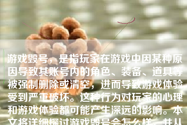 游戏毁号，是指玩家在游戏中因某种原因导致其账号内的角色、装备、道具等被强制删除或清空，进而导致游戏体验受到严重破坏。这种行为对玩家的心理和游戏体验都可能产生深远的影响。本文将详细探讨游戏毁号会怎么样，并从多个角度分析其影响。