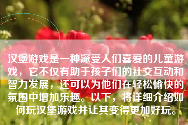 汉堡游戏是一种深受人们喜爱的儿童游戏，它不仅有助于孩子们的社交互动和智力发展，还可以为他们在轻松愉快的氛围中增加乐趣。以下，将详细介绍如何玩汉堡游戏并让其变得更加好玩。