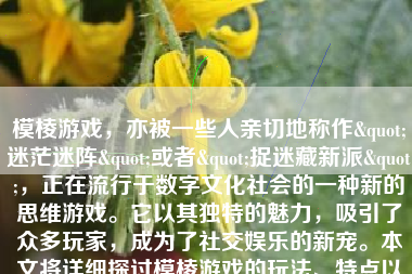 模棱游戏，亦被一些人亲切地称作"迷茫迷阵"或者"捉迷藏新派"，正在流行于数字文化社会的一种新的思维游戏。它以其独特的魅力，吸引了众多玩家，成为了社交娱乐的新宠。本文将详细探讨模棱游戏的玩法、特点以及其带来的影响。
