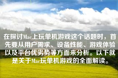 在探讨Mac上玩单机游戏这个话题时，首先要从用户需求、设备性能、游戏体验以及平台优劣势等方面来分析。以下就是关于Mac玩单机游戏的全面解读。