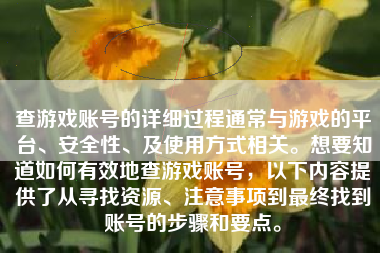 查游戏账号的详细过程通常与游戏的平台、安全性、及使用方式相关。想要知道如何有效地查游戏账号，以下内容提供了从寻找资源、注意事项到最终找到账号的步骤和要点。