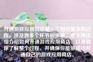 开通游戏应用商店是一个相对复杂的过程，涉及到多个环节和步骤。本文将详细介绍如何开通游戏应用商店，以帮助你了解整个过程，并确保你能够成功开通自己的游戏应用商店。