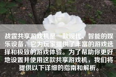 战霆共享游戏机是一款现代、智能的娱乐设备，它为玩家提供了丰富的游戏选择和极致的游戏体验。为了帮助你更好地设置并使用这款共享游戏机，我们将提供以下详细的指南和解析。