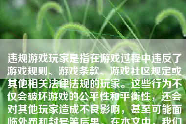 违规游戏玩家是指在游戏过程中违反了游戏规则、游戏条款、游戏社区规定或其他相关法律法规的玩家。这些行为不仅会破坏游戏的公平性和平衡性，还会对其他玩家造成不良影响，甚至可能面临处罚和封号等后果。在本文中，我们将深入探讨什么是违规游戏玩家，如何判定，以及这种行为的严重性和可能的后果。