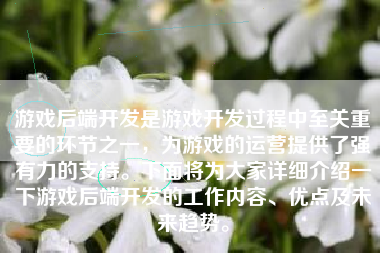 游戏后端开发是游戏开发过程中至关重要的环节之一，为游戏的运营提供了强有力的支持。下面将为大家详细介绍一下游戏后端开发的工作内容、优点及未来趋势。