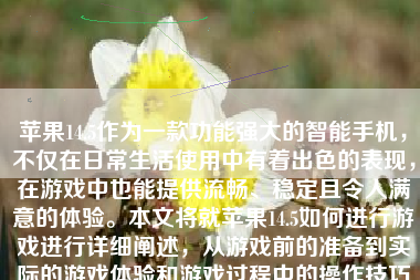 苹果14.5作为一款功能强大的智能手机，不仅在日常生活使用中有着出色的表现，在游戏中也能提供流畅、稳定且令人满意的体验。本文将就苹果14.5如何进行游戏进行详细阐述，从游戏前的准备到实际的游戏体验和游戏过程中的操作技巧等，全方位展现苹果14.5的优异性能。