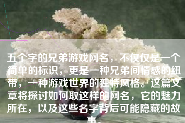 五个字的兄弟游戏网名，不仅仅是一个简单的标识，更是一种兄弟间情感的纽带，一种游戏世界的独特风格。这篇文章将探讨如何取这样的网名，它的魅力所在，以及这些名字背后可能隐藏的故事。