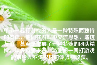 单排一起打游戏的人是一种特殊而独特的群体，他们在游戏中交流思想，增进友谊，甚至是发展了一种特殊的团队精神。从多方面来看，与他们一同打游戏能带给人不少积极的体验和收获。