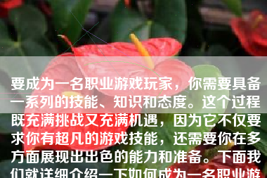 要成为一名职业游戏玩家，你需要具备一系列的技能、知识和态度。这个过程既充满挑战又充满机遇，因为它不仅要求你有超凡的游戏技能，还需要你在多方面展现出出色的能力和准备。下面我们就详细介绍一下如何成为一名职业游戏玩家的过程。