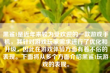 黑鲨1是近年来较为受欢迎的一款游戏手机，其针对游戏玩家需求进行了优化和升级，因此在游戏体验方面有着不俗的表现。下面将从多个方面介绍黑鲨1玩游戏的表现。