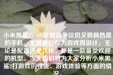小米黑鲨2，一款颇具争议但又极具热度的手机。尤其是它专为游戏而设计，无论是配置还是优化，都是一款备受欢迎的机型。今天我们将为大家分析小米黑鲨2打游戏的性能、游戏体验等方面的情况。