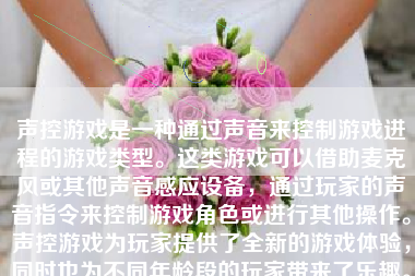 声控游戏是一种通过声音来控制游戏进程的游戏类型。这类游戏可以借助麦克风或其他声音感应设备，通过玩家的声音指令来控制游戏角色或进行其他操作。声控游戏为玩家提供了全新的游戏体验，同时也为不同年龄段的玩家带来了乐趣。下面将详细介绍声控游戏的玩法和特点。