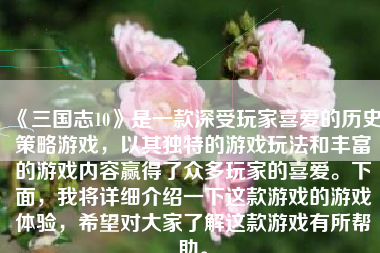 《三国志10》是一款深受玩家喜爱的历史策略游戏，以其独特的游戏玩法和丰富的游戏内容赢得了众多玩家的喜爱。下面，我将详细介绍一下这款游戏的游戏体验，希望对大家了解这款游戏有所帮助。